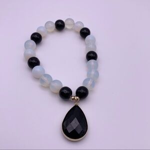 Toni Moonstone and Black Onyx Beaded Stretch Bracelet